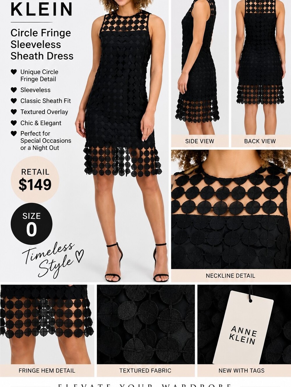 Anne Klein Black Sleeveless Circle Fringe Sheath Dress